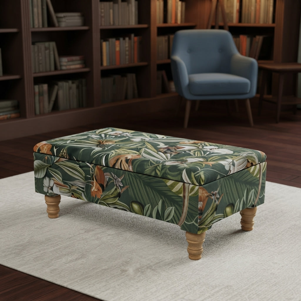 Premium Green Floral Velvet Ottoman Bench with Storage – Luxury Coffee Table & Pouffe Seating