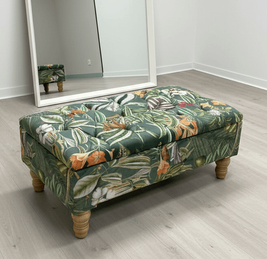 Green Floral Soft Vevet coffee table Ottoman Storage | premium Patterned Footstool Pouffe| - ISTOOLS
