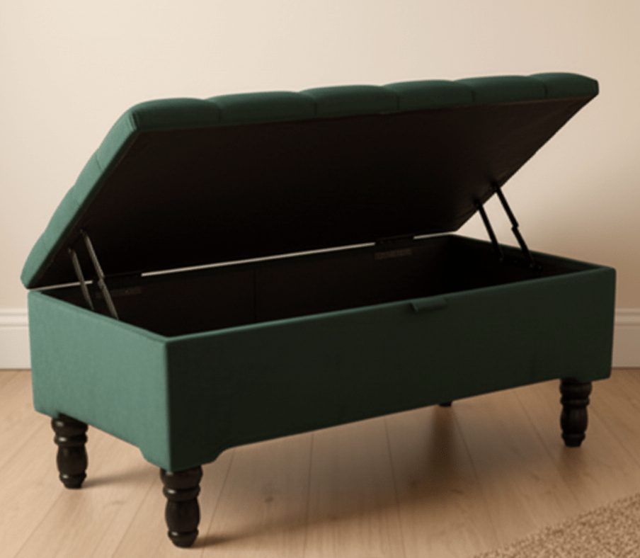 Green storage bench at end of bed with hidden storage - ISTOOLS