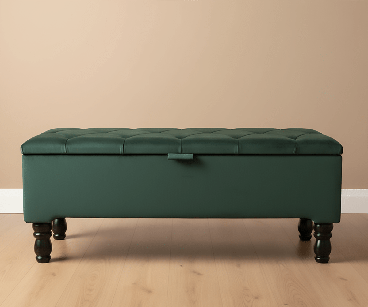 Luxury green velvet ottoman with plush cushioning and lid - ISTOOLS