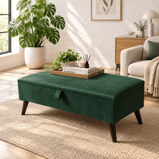 Green Plain Ottoman Storage Bench | Velvet Green Footstool| Dark Green Ottoman Bench - ISTOOLS