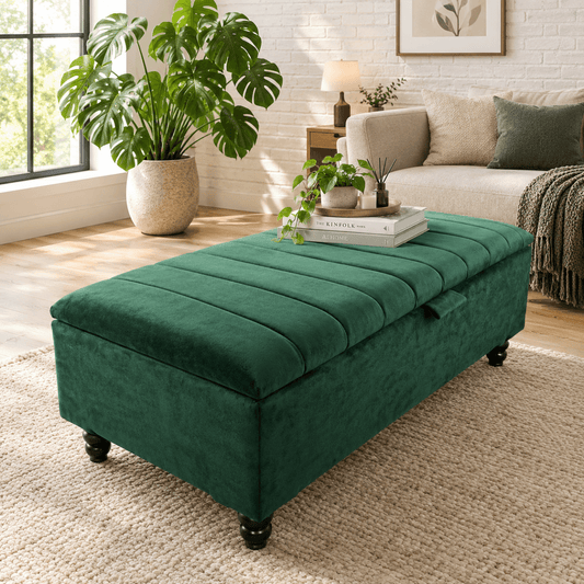 Green Velvet Storage Ottoman Bench – Luxury Pouffe Footstool with Hidden Storage | ISTOOLS UK - ISTOOLS