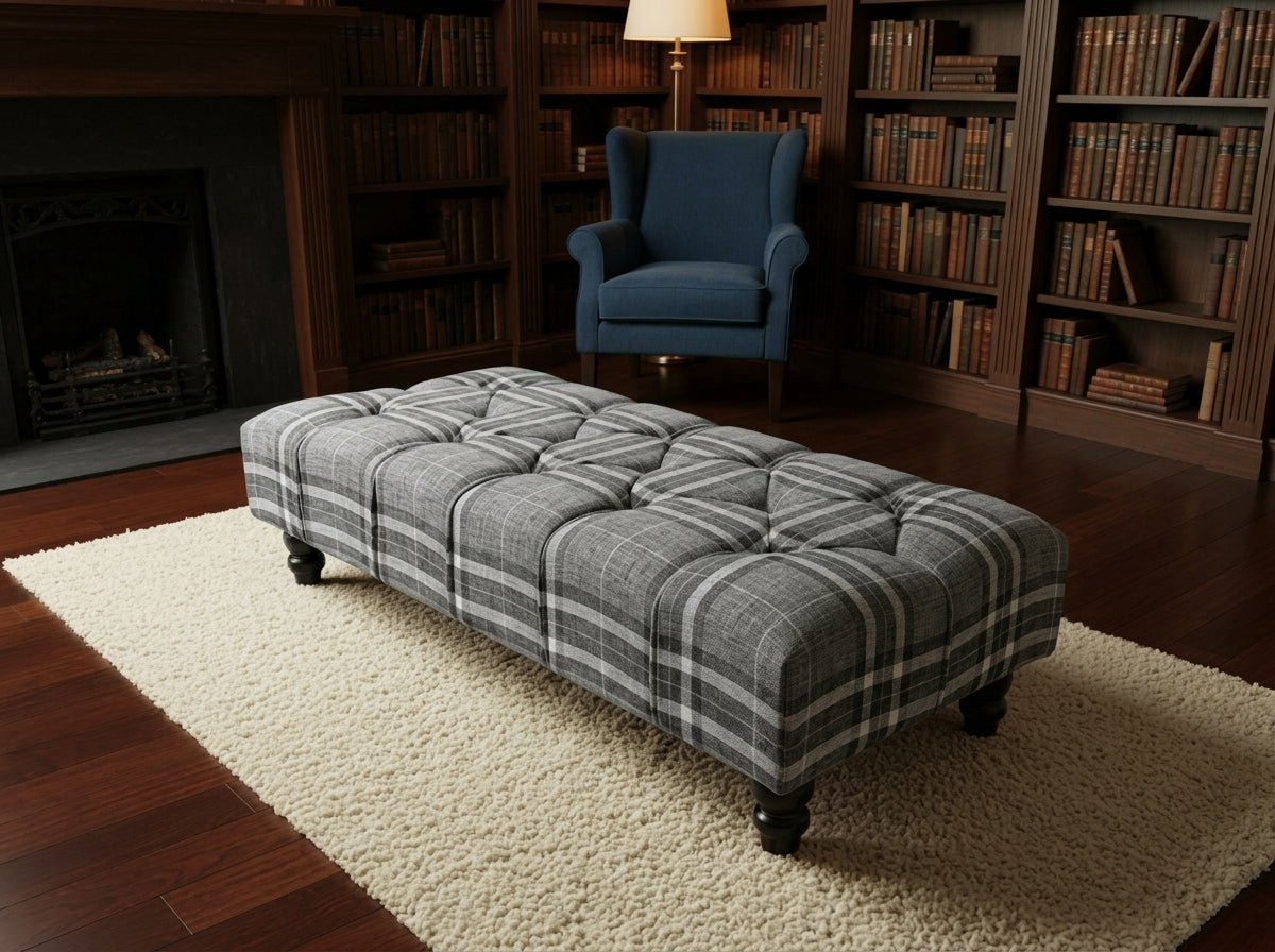 Grey & Black Tartan Footstool – Chesterfield Ottoman Stool for Living Room UK - ISTOOLS