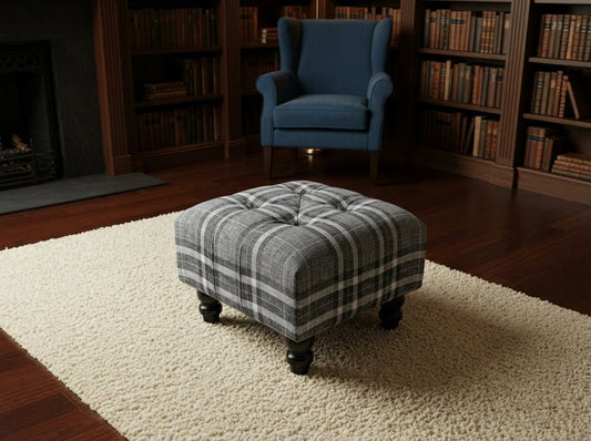Grey & Black Tartan Footstool – Chesterfield Ottoman Stool for Living Room UK - ISTOOLS