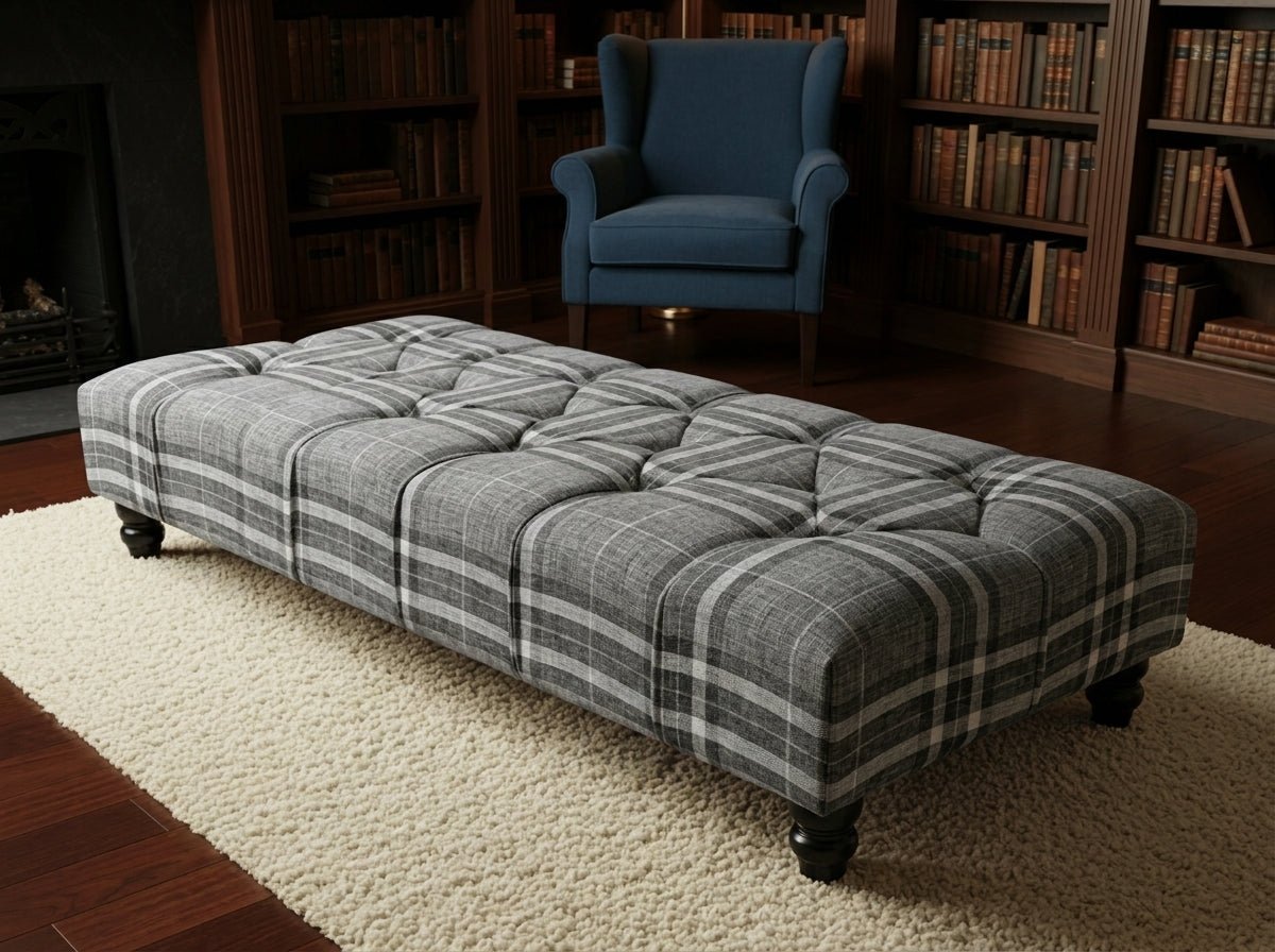 Grey & Black Tartan Footstool – Chesterfield Ottoman Stool for Living Room UK - ISTOOLS