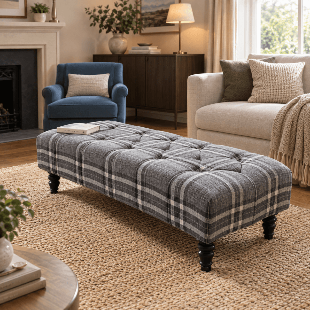 Grey & Black Tartan Footstool – Chesterfield Ottoman Stool for Living Room UK - ISTOOLS