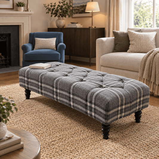Grey & Black Tartan Footstool – Chesterfield Ottoman Stool for Living Room UK - ISTOOLS