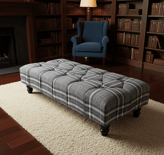 Grey Black Tartan Upholstered Footstool UK – Chesterfield Ottoman Stool - ISTOOLS