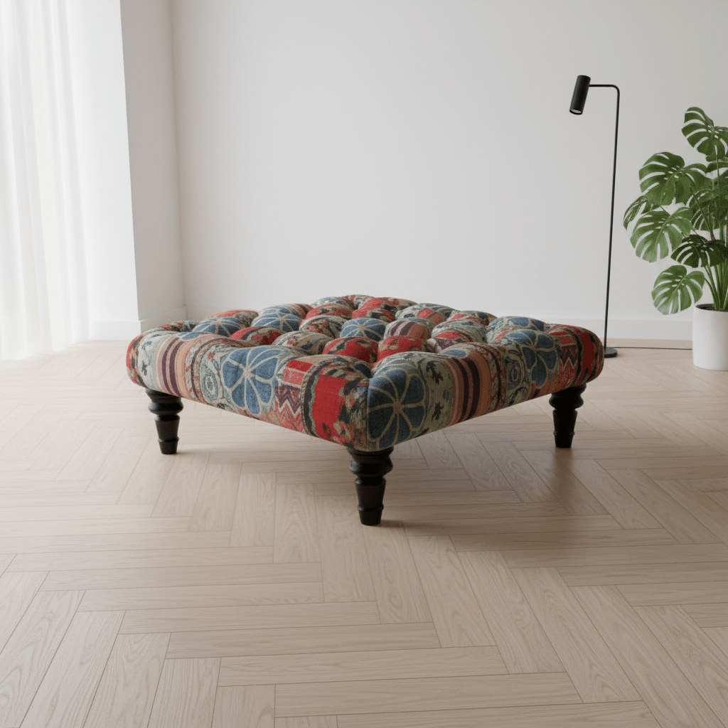 Handcrafted Buttoned Square Ottoman Distinctive Designer Motif - ISTOOLS