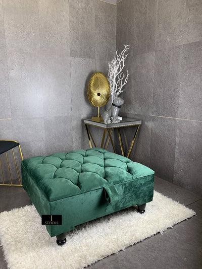 Square Green Chesterfield Square Ottoman Storage | Green Velvet Ottoman Foot Stool UK