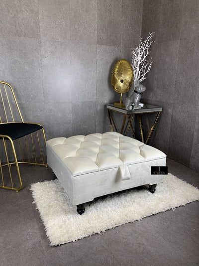 Creamy White Square Coffee Table | Ottoman Storage | Buttoned Chesterfield Pouffe