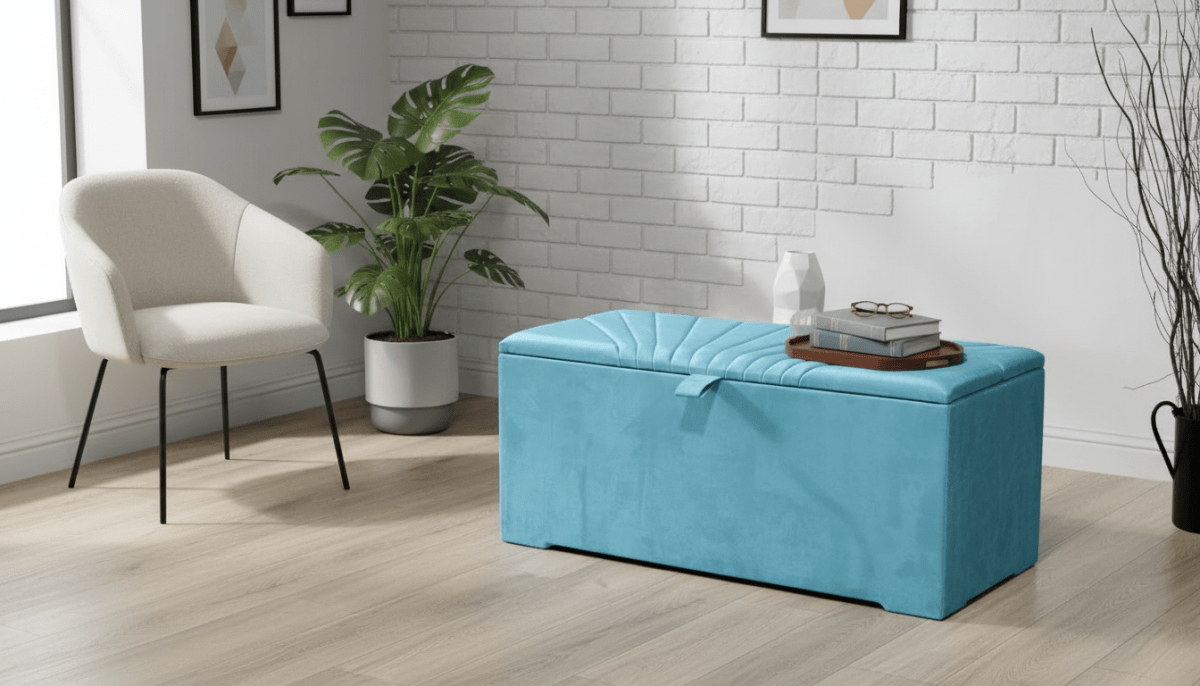 ISTOOLS Deep Storage Ottoman Bench Seat – Aqua Upholstered Bedroom Storage Box - ISTOOLS