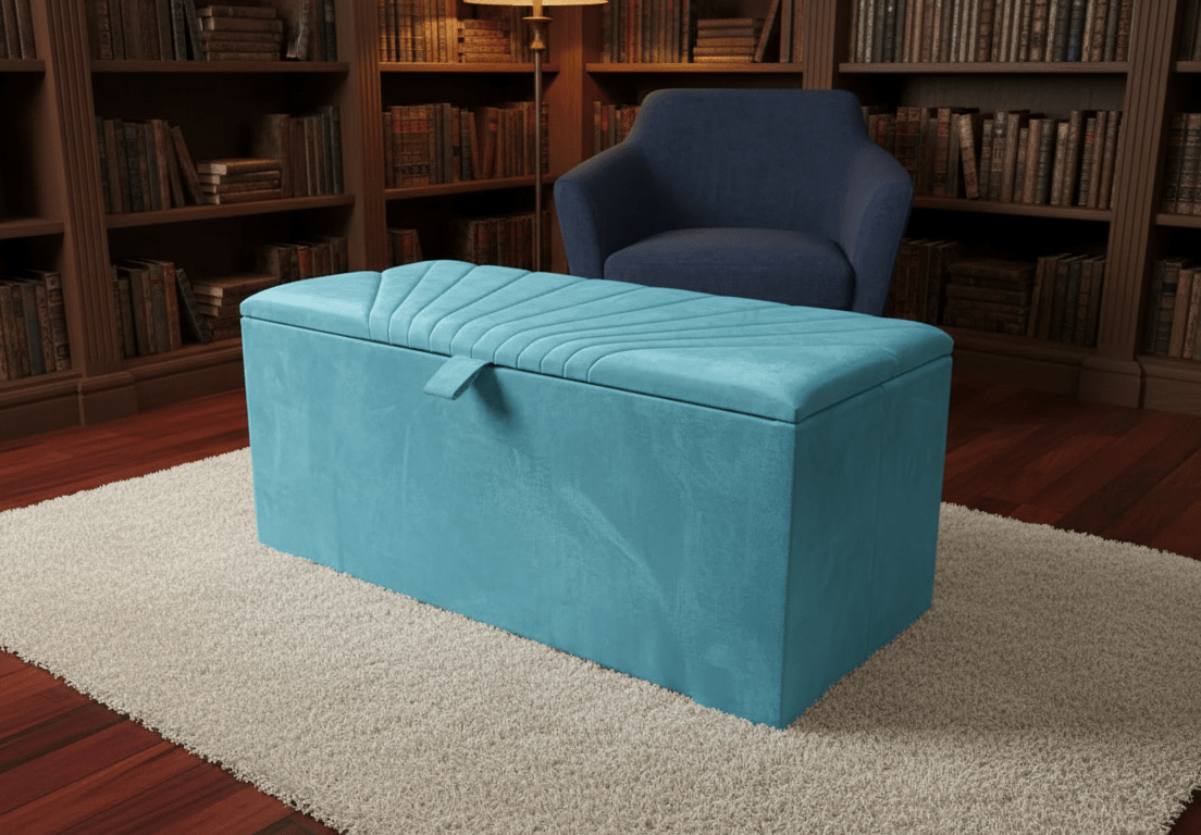 ISTOOLS Deep Storage Ottoman Bench Seat – Aqua Upholstered Bedroom Storage Box - ISTOOLS