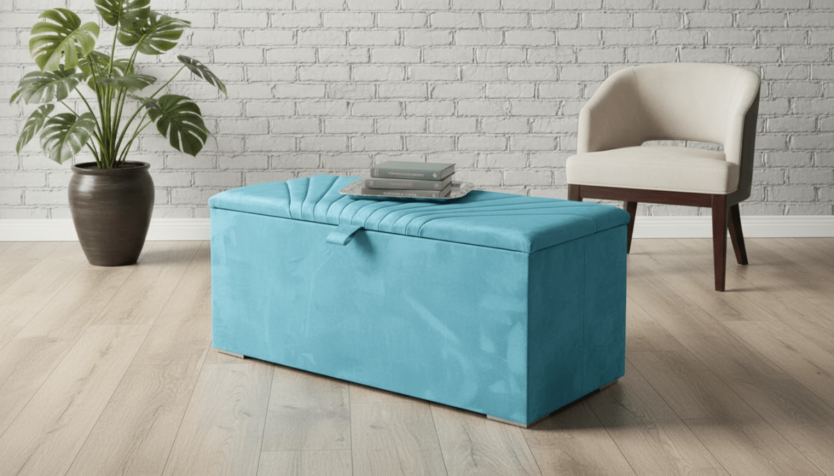 ISTOOLS Deep Storage Ottoman Bench Seat – Aqua Upholstered Bedroom Storage Box - ISTOOLS
