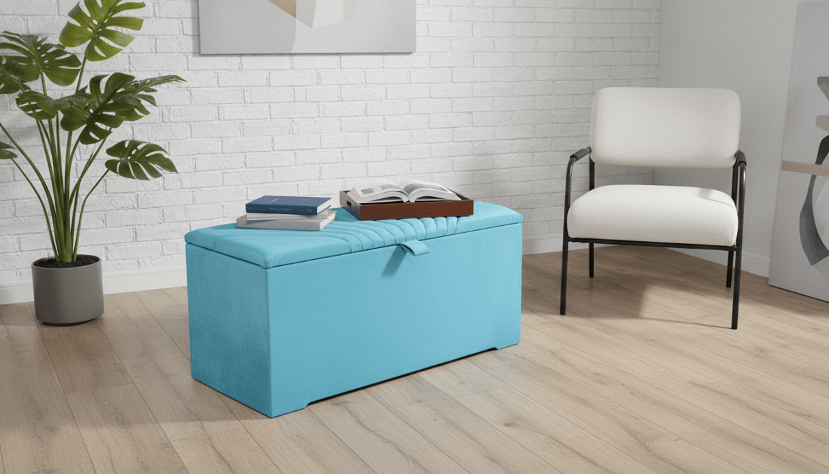 ISTOOLS Deep Storage Ottoman Bench Seat – Aqua Upholstered Bedroom Storage Box - ISTOOLS