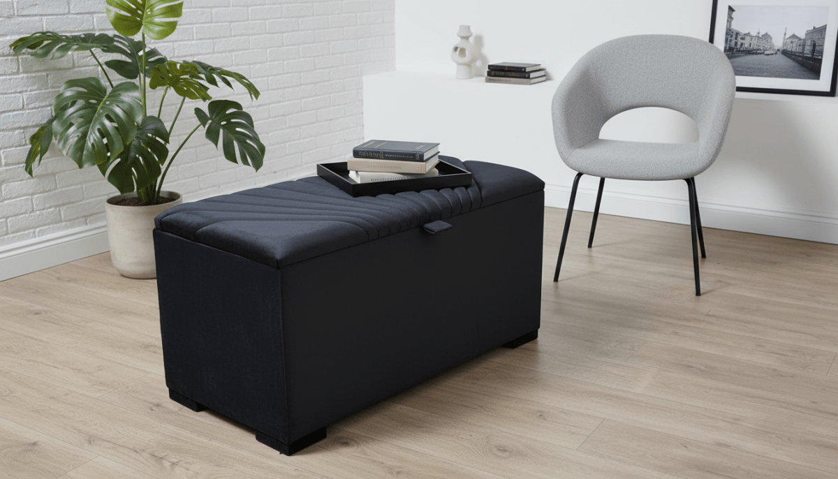 ISTOOLS Deep Storage Ottoman Bench Seat – Black Upholstered Bedroom Storage Box - ISTOOLS
