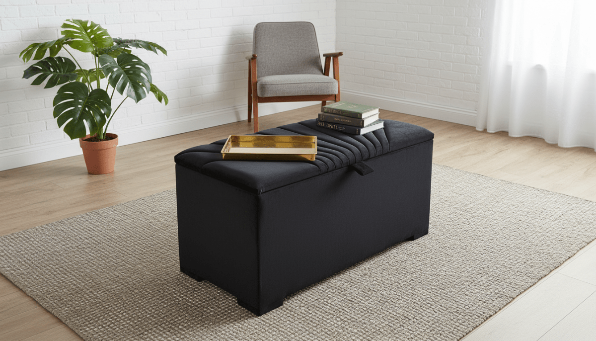 ISTOOLS Deep Storage Ottoman Bench Seat – Black Upholstered Bedroom Storage Box - ISTOOLS