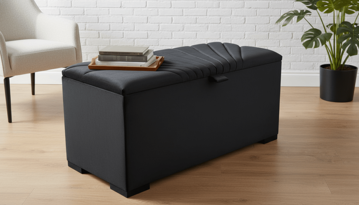 ISTOOLS Deep Storage Ottoman Bench Seat – Black Upholstered Bedroom Storage Box - ISTOOLS