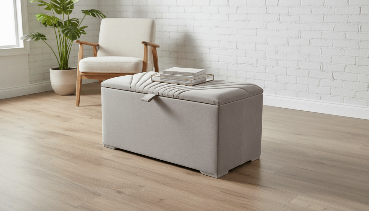 ISTOOLS Deep Storage Ottoman Bench Seat – Champagne Upholstered Bedroom Storage Box - ISTOOLS