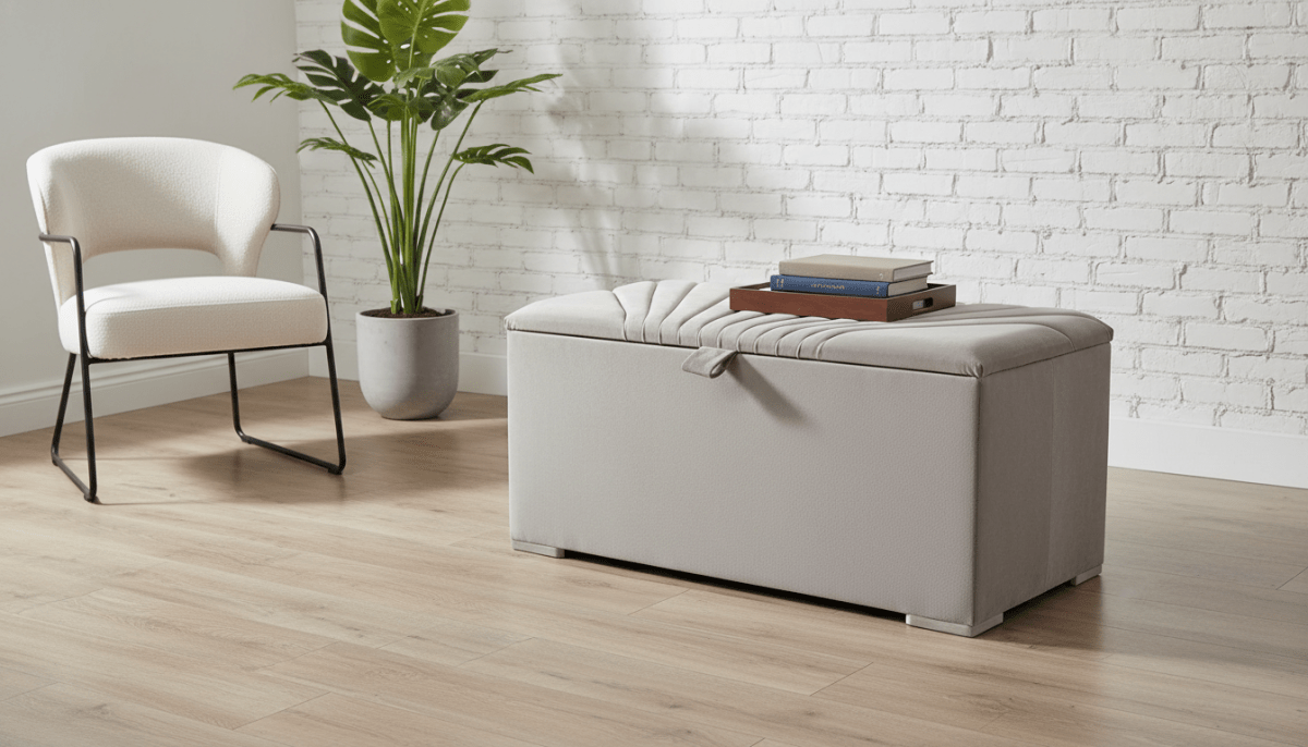 ISTOOLS Deep Storage Ottoman Bench Seat – Champagne Upholstered Bedroom Storage Box - ISTOOLS