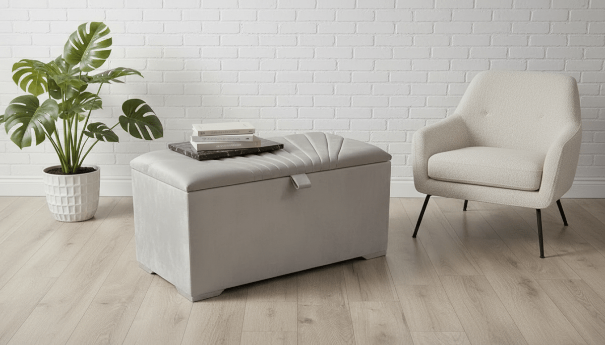 ISTOOLS Deep Storage Ottoman Bench Seat – Champagne Upholstered Bedroom Storage Box - ISTOOLS