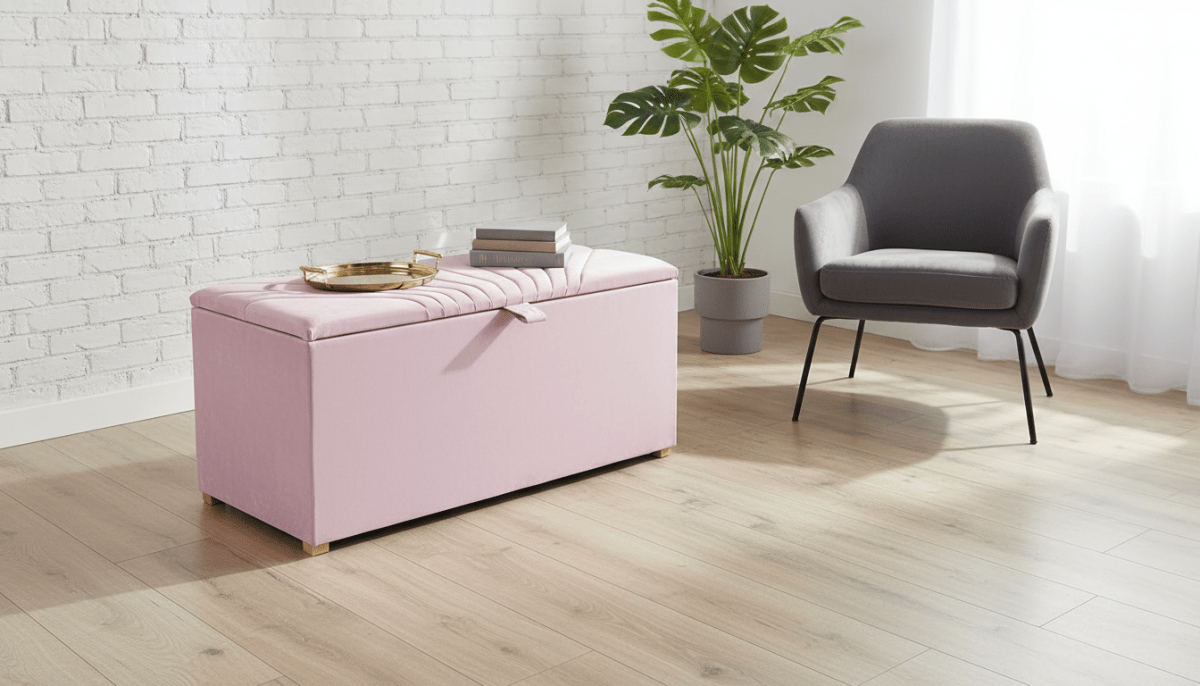 ISTOOLS Deep Storage Ottoman Bench Seat – Pink Upholstered Bedroom Storage Box - ISTOOLS