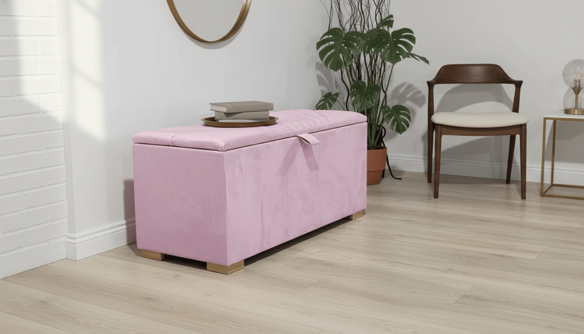 ISTOOLS Deep Storage Ottoman Bench Seat – Pink Upholstered Bedroom Storage Box - ISTOOLS