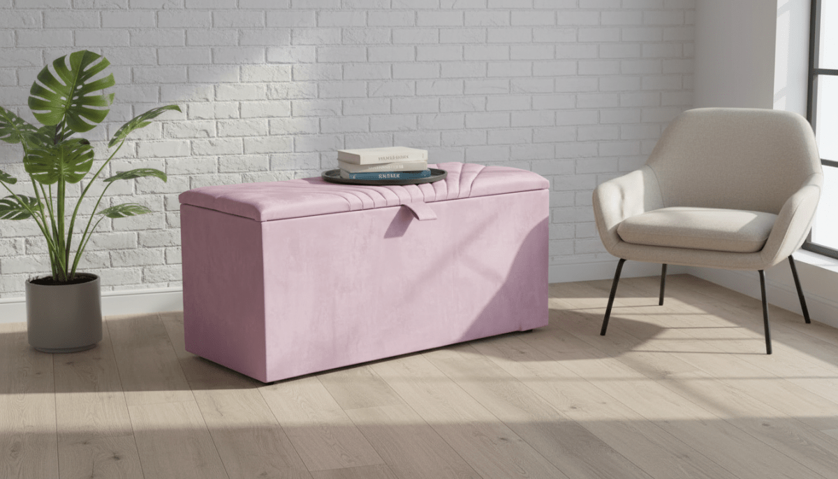 ISTOOLS Deep Storage Ottoman Bench Seat – Pink Upholstered Bedroom Storage Box - ISTOOLS