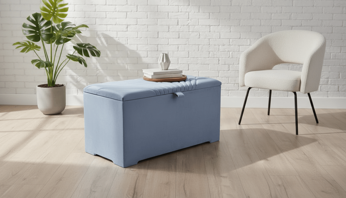 ISTOOLS Deep Storage Ottoman Bench Seat – Silver - Blue Upholstered Bedroom Storage Box - ISTOOLS