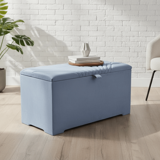 ISTOOLS Deep Storage Ottoman Bench Seat – Silver - Blue Upholstered Bedroom Storage Box - ISTOOLS