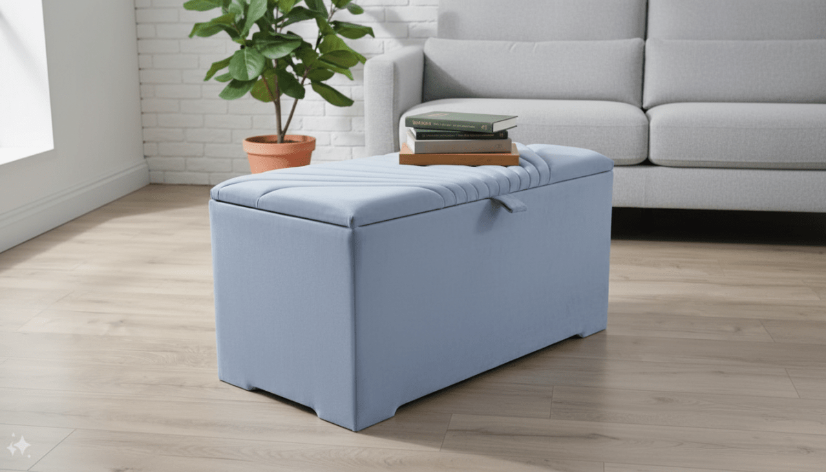 ISTOOLS Deep Storage Ottoman Bench Seat – Silver - Blue Upholstered Bedroom Storage Box - ISTOOLS