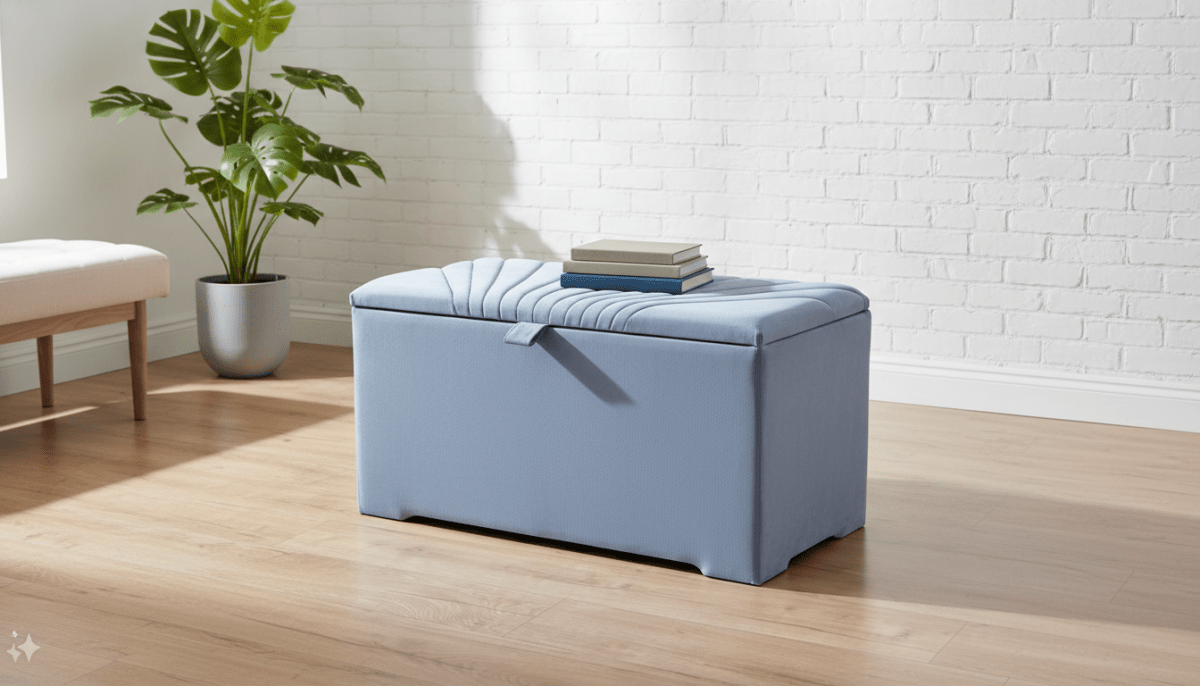 ISTOOLS Deep Storage Ottoman Bench Seat – Silver - Blue Upholstered Bedroom Storage Box - ISTOOLS