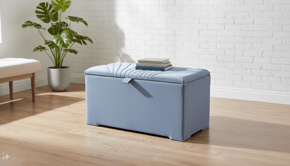 ISTOOLS Deep Storage Ottoman Bench Seat – Silver - Blue Upholstered Bedroom Storage Box - ISTOOLS