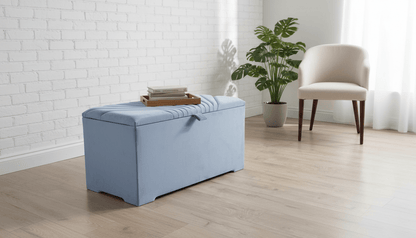 ISTOOLS Deep Storage Ottoman Bench Seat – Silver - Blue Upholstered Bedroom Storage Box - ISTOOLS