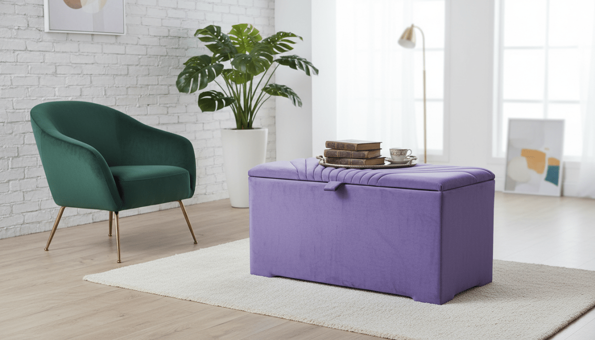 ISTOOLS Deep Storage Ottoman Bench Seat – Upholstered Bedroom Storage Box in Elegant Purple - ISTOOLS