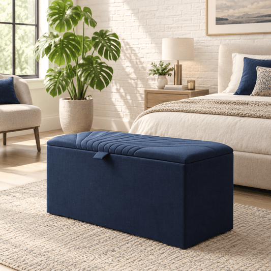 ISTOOLS Deep Storage Ottoman Bench Seat – Upholstered Bedroom Storage Box (Navy Blue) - ISTOOLS