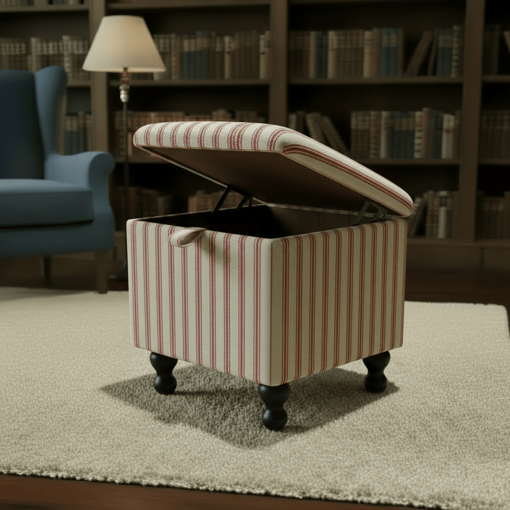 JF Linen Ticking Fabric Red Small Storage Ottoman – Multi - Purpose Coffee Table & Footstool - ISTOOLS