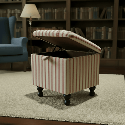 JF Linen Ticking Fabric Red Small Storage Ottoman – Multi - Purpose Coffee Table & Footstool - ISTOOLS