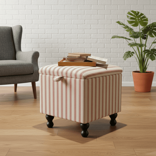 JF Linen Ticking Fabric Red Small Storage Ottoman – Multi - Purpose Coffee Table & Footstool - ISTOOLS