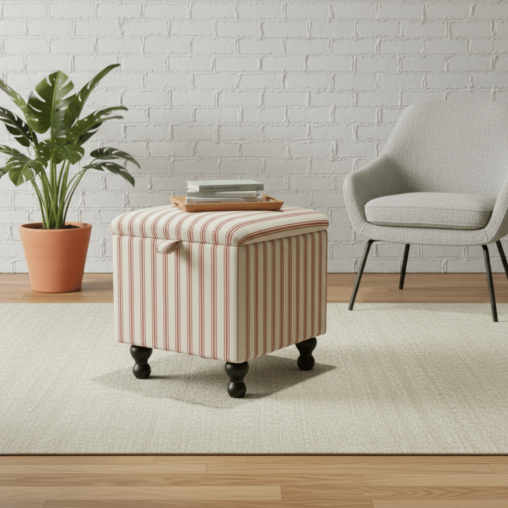 JF Linen Ticking Fabric Red Small Storage Ottoman – Multi - Purpose Coffee Table & Footstool - ISTOOLS