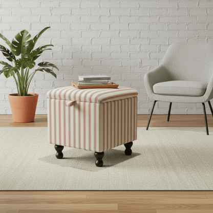 JF Linen Ticking Fabric Red Small Storage Ottoman – Multi - Purpose Coffee Table & Footstool - ISTOOLS