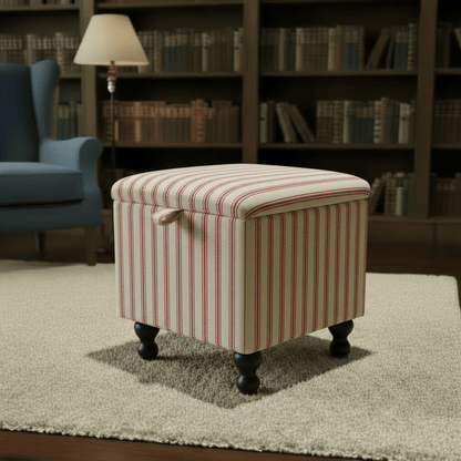 JF Linen Ticking Fabric Red Small Storage Ottoman – Multi - Purpose Coffee Table & Footstool - ISTOOLS
