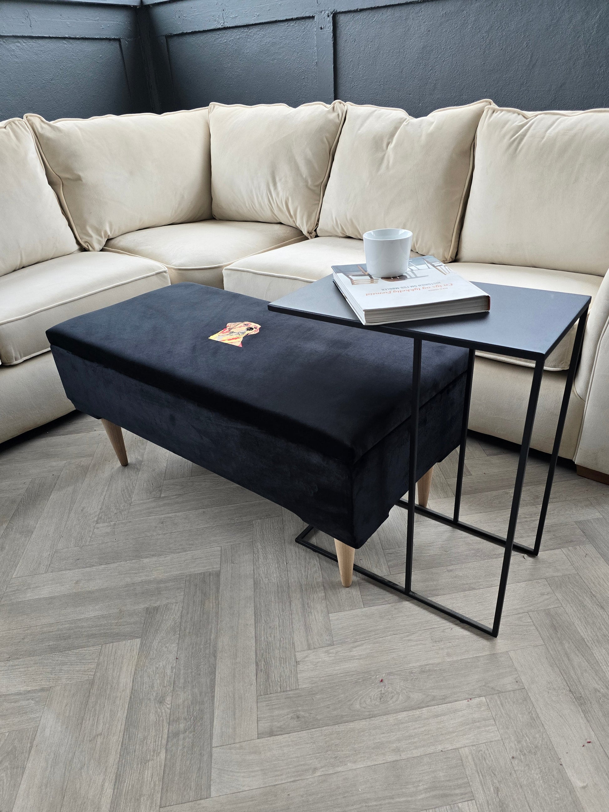 Labrador embroidered black velvet soft luxurious storage coffee table - ISTOOLS