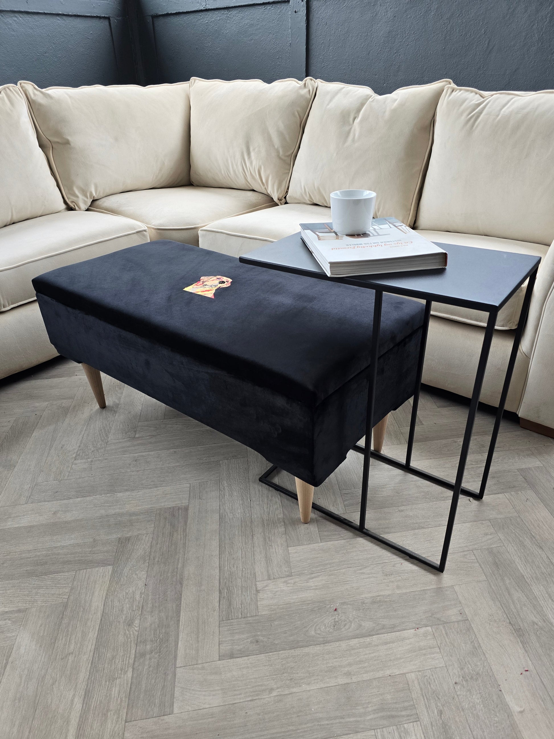 Labrador embroidered black velvet soft luxurious storage coffee table - ISTOOLS