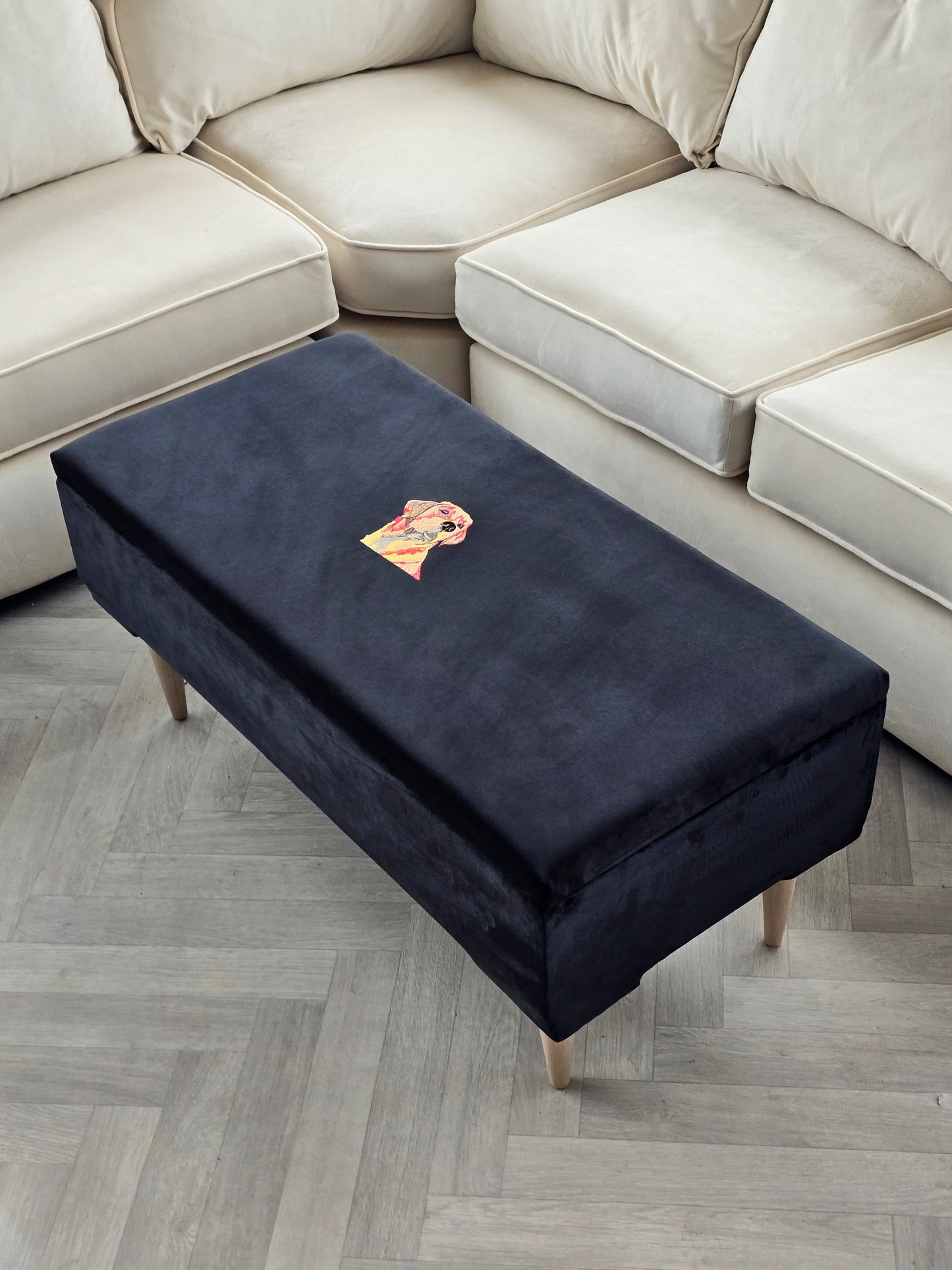 Labrador embroidered black velvet soft luxurious storage coffee table - ISTOOLS