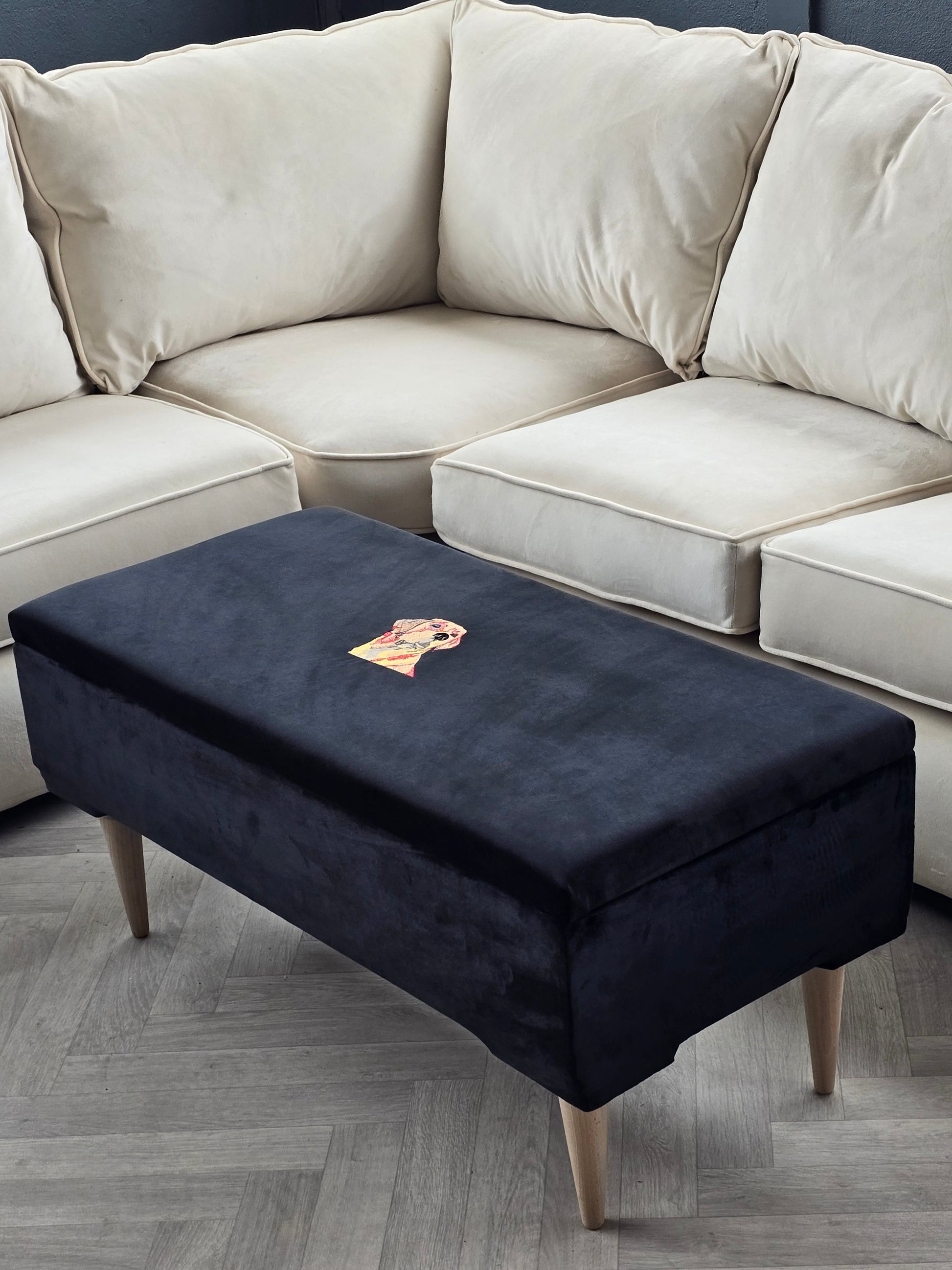 Labrador embroidered black velvet soft luxurious storage coffee table - ISTOOLS