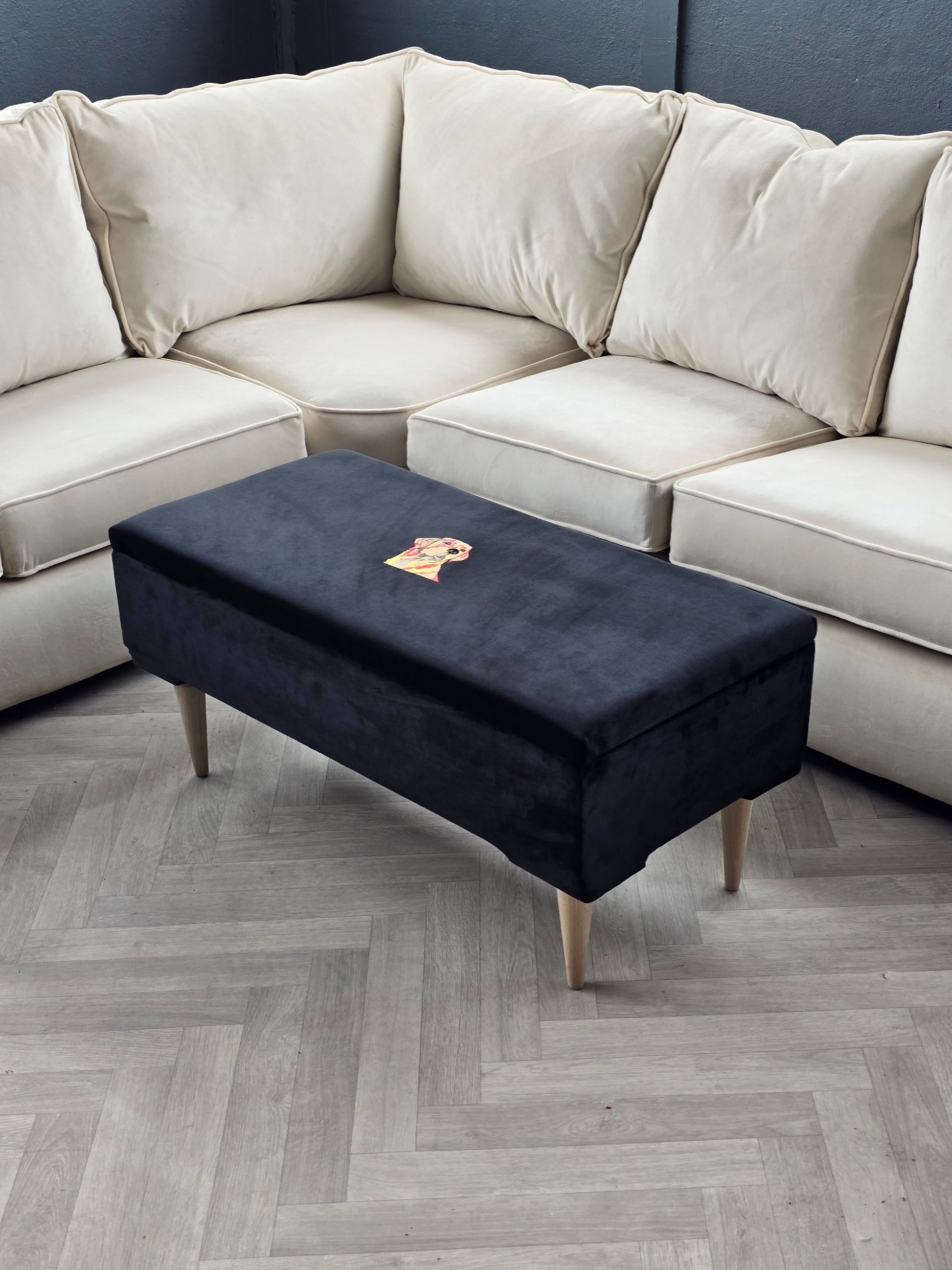 Labrador embroidered black velvet soft luxurious storage coffee table - ISTOOLS