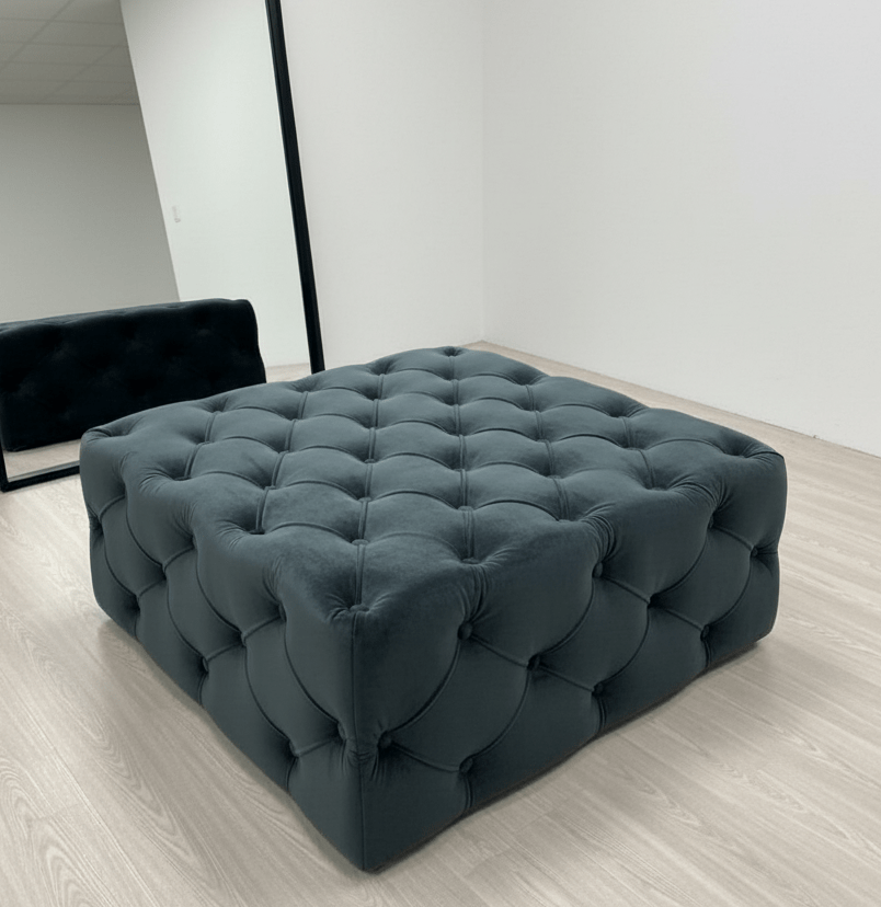 Large Black Square Coffee Table | Black Velvet Chesterfield Pouffe & Coffee Table - ISTOOLS