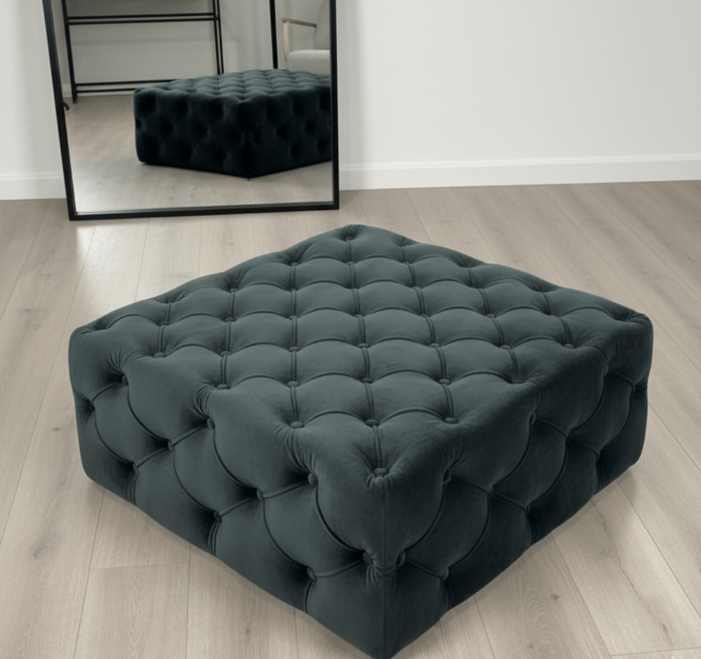 Large Black Square Coffee Table | Black Velvet Chesterfield Pouffe & Coffee Table - ISTOOLS