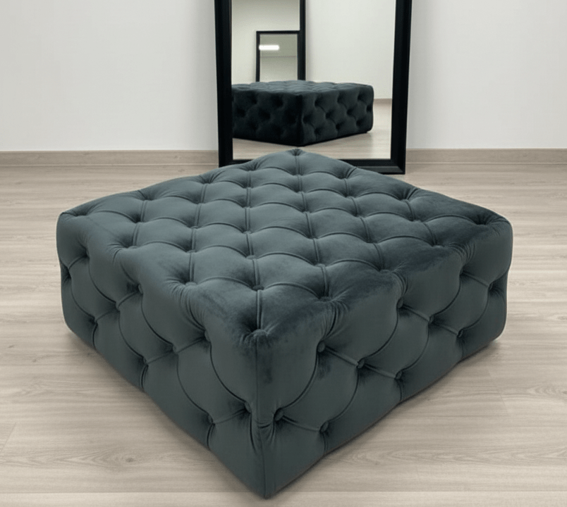 Large Black Square Coffee Table | Black Velvet Chesterfield Pouffe & Coffee Table - ISTOOLS